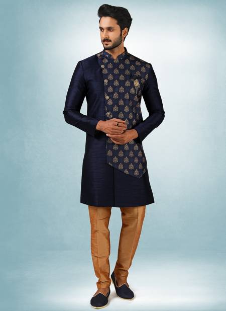 Blue Colour Excluisve Wear Art Silk Digital Print Kurta Pajama With Jacket Mens Collection 1436